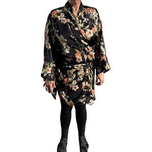Jennafer Grace Floral Wrap Kimono Jacket Leopard Trim Tie Waist XL